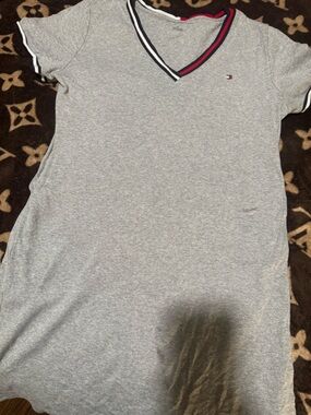 Tommy Hilfiger Heather Gray Midi Dress with Navy & Red Trim